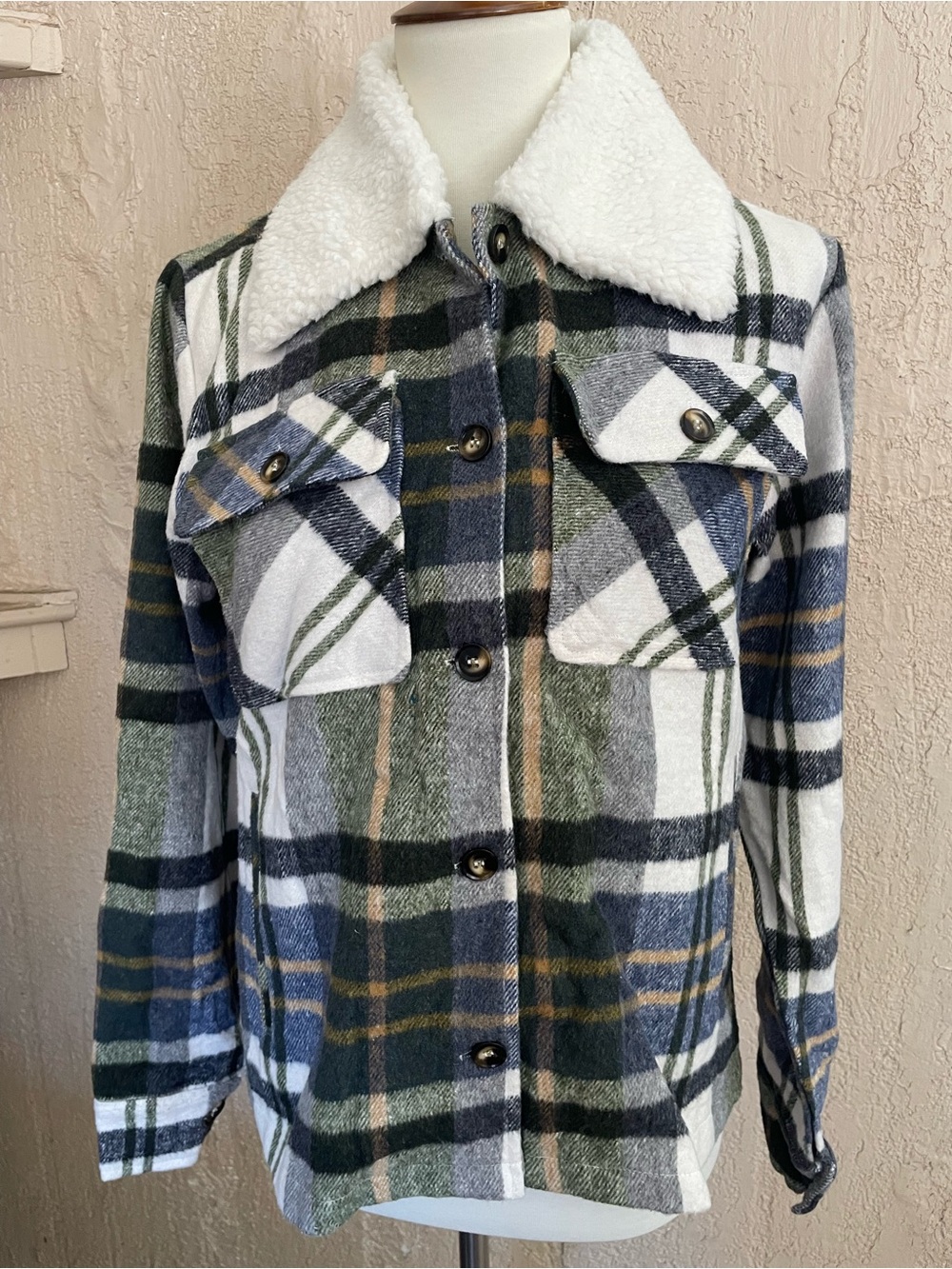 BiBi Blue Green Plaid Sherpa-Collar Jacket